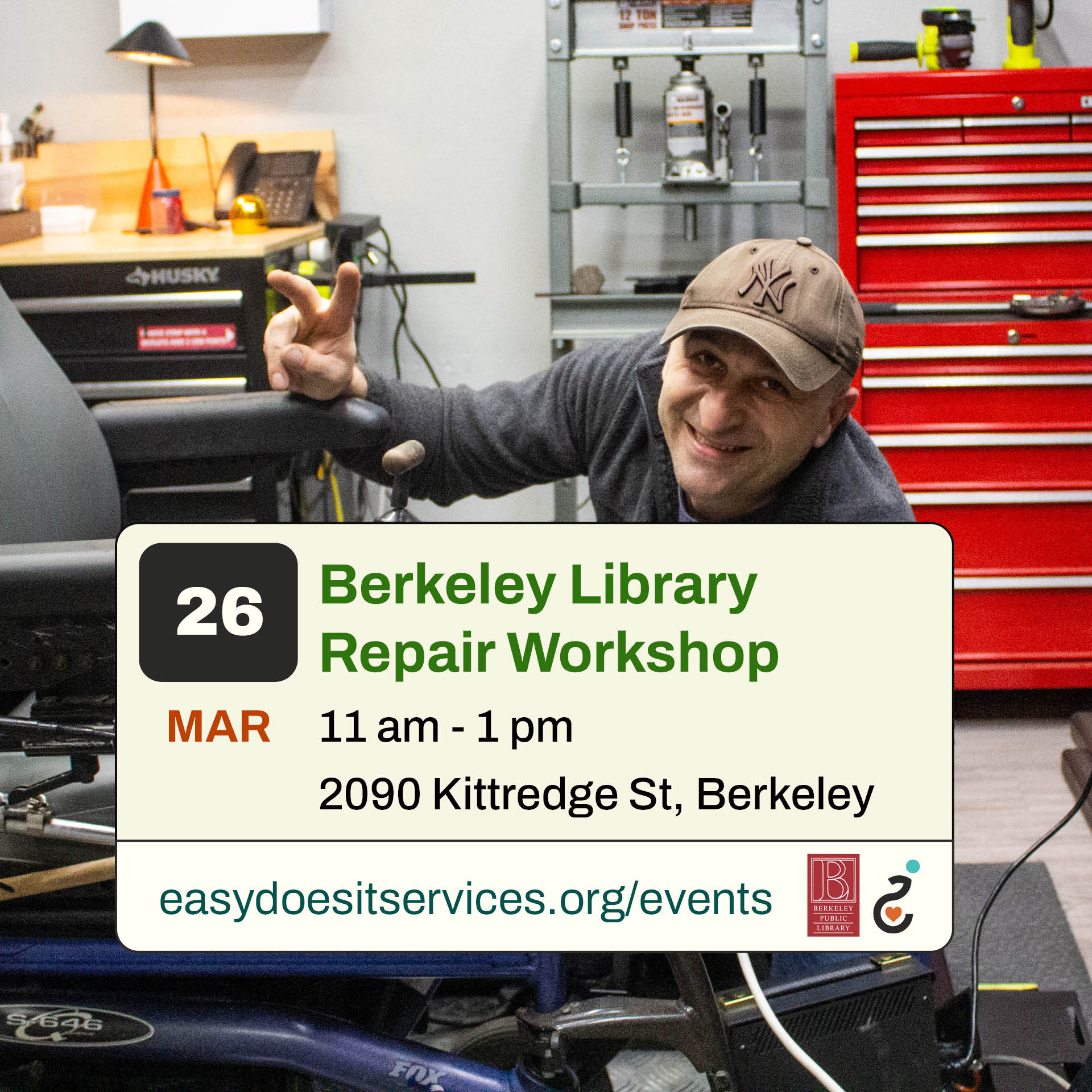 Levan poses for a photo while repairing a power chair. Infographic Reading, Mar 26, Berkeley Library Repair Workshop, 11 am - 1 pm, 2090 Kittredge St, Berkeley