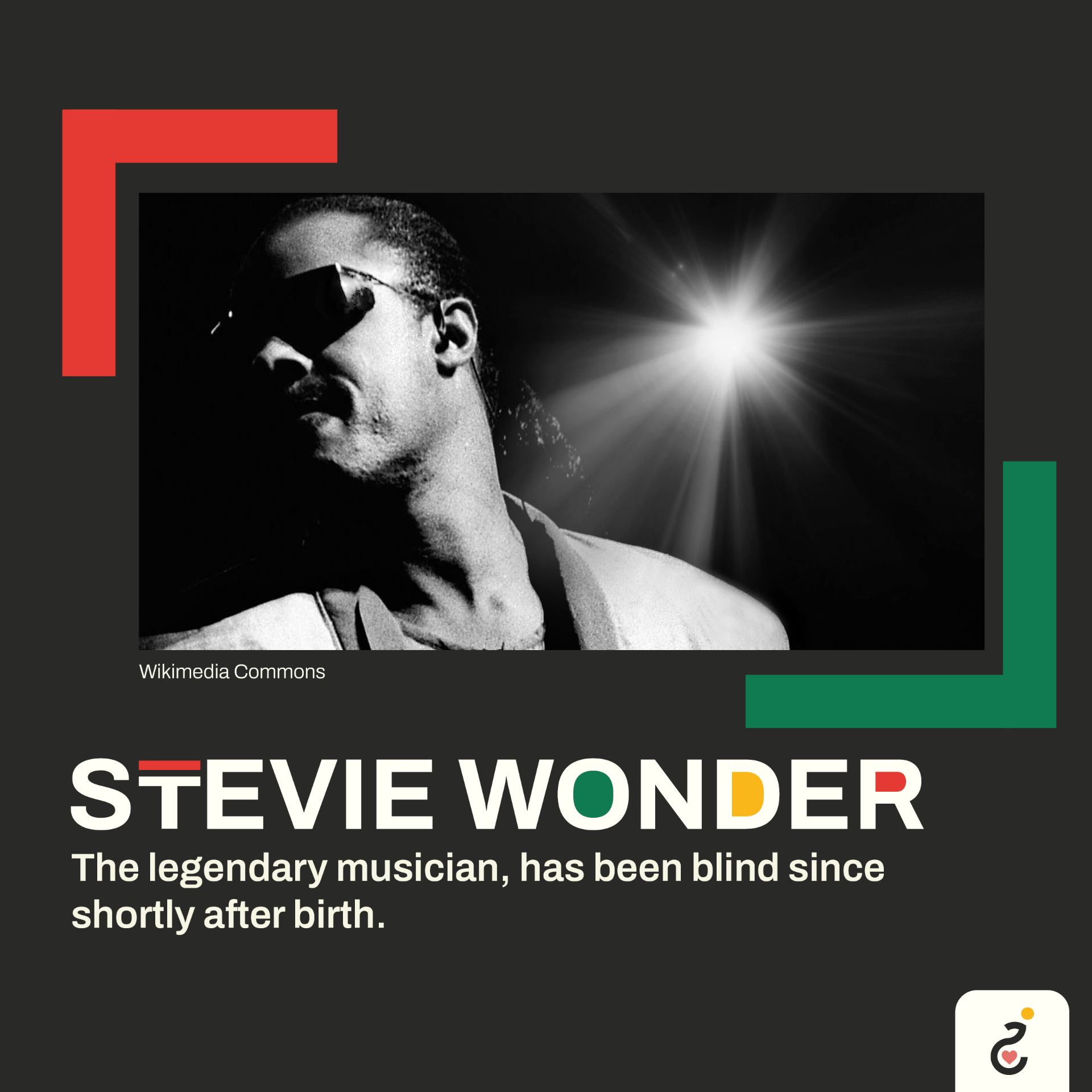A portrait of Stevie Wonder, the legendary musician who has been blind since shortly after birth.